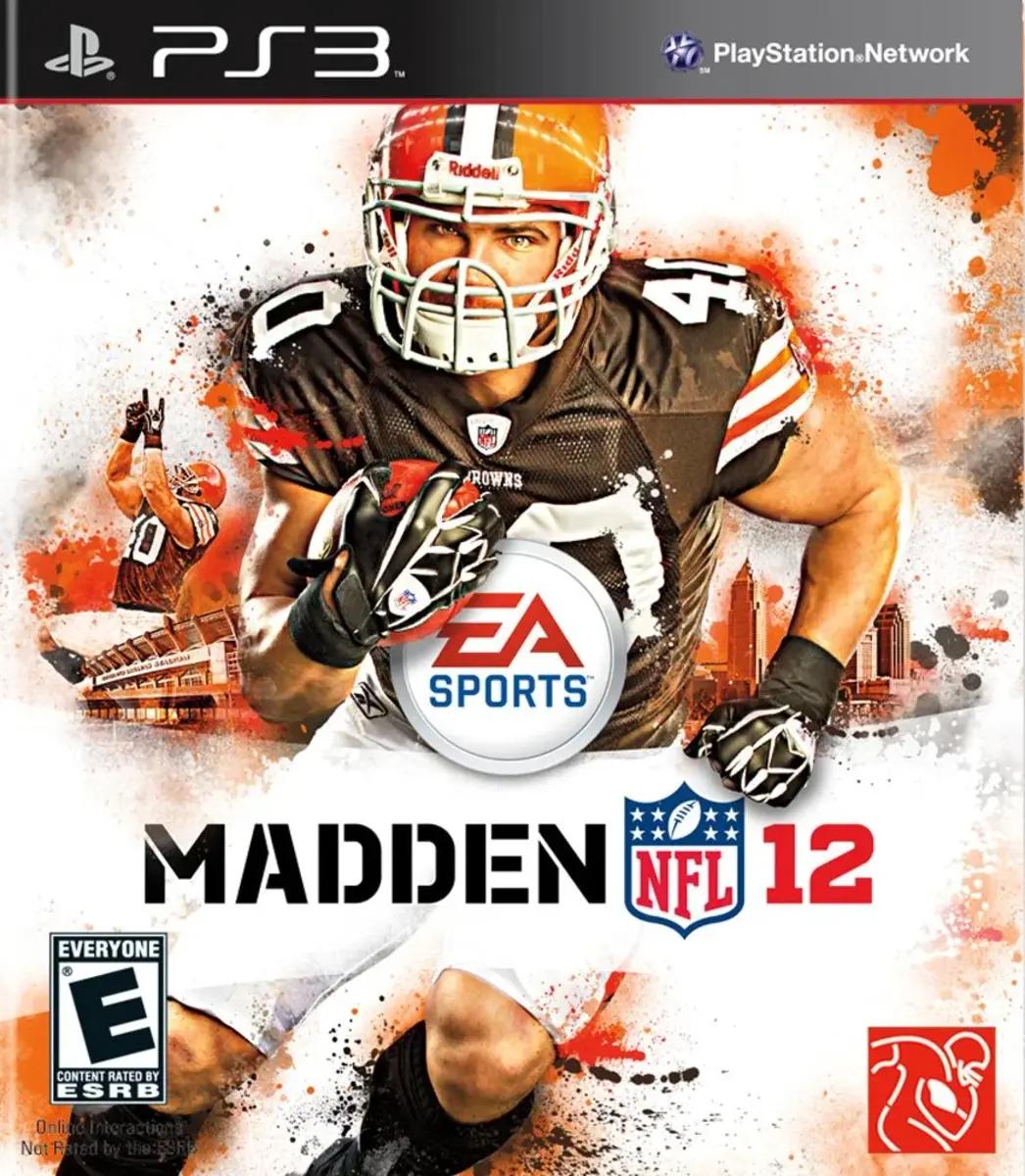 Peyton Hillis runs at you on the Madden 12 cover.